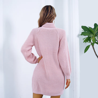 Winter Turtleneck Long Sweater Dress With Button Design Leisure Clinch Long Sleeve Base Sweater Women