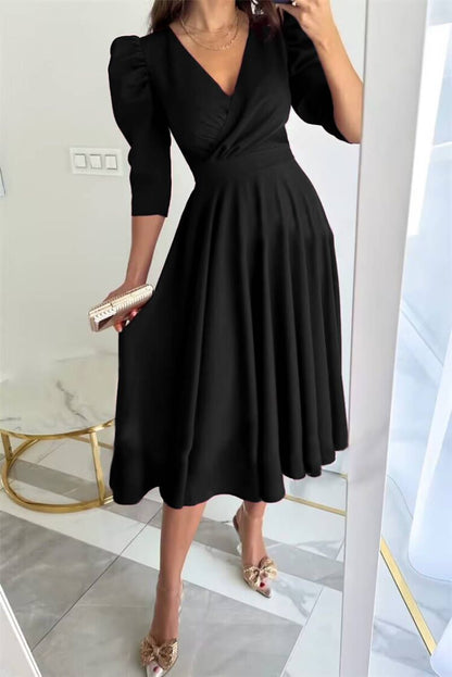 Women's Solid Color Pleated Waist Tight 34 Sleeve Swing Dress