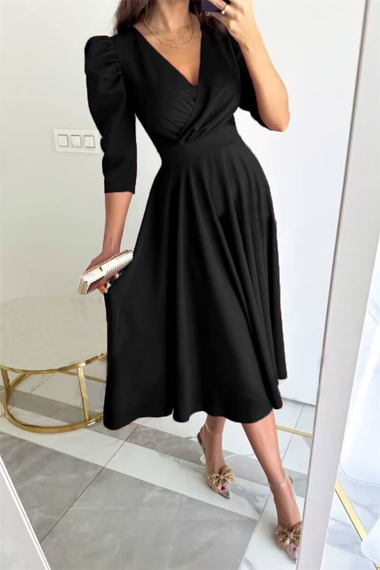 Women's Solid Color Pleated Waist Tight 34 Sleeve Swing Dress