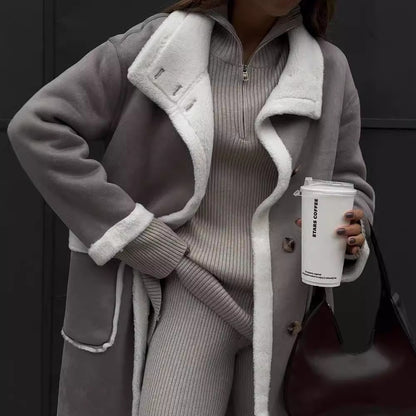 Autumn And Winter Patch Pocket Gray And White Color Matching Coat