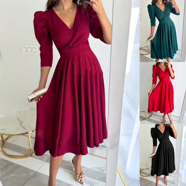 Women's Solid Color Pleated Waist Tight 34 Sleeve Swing Dress